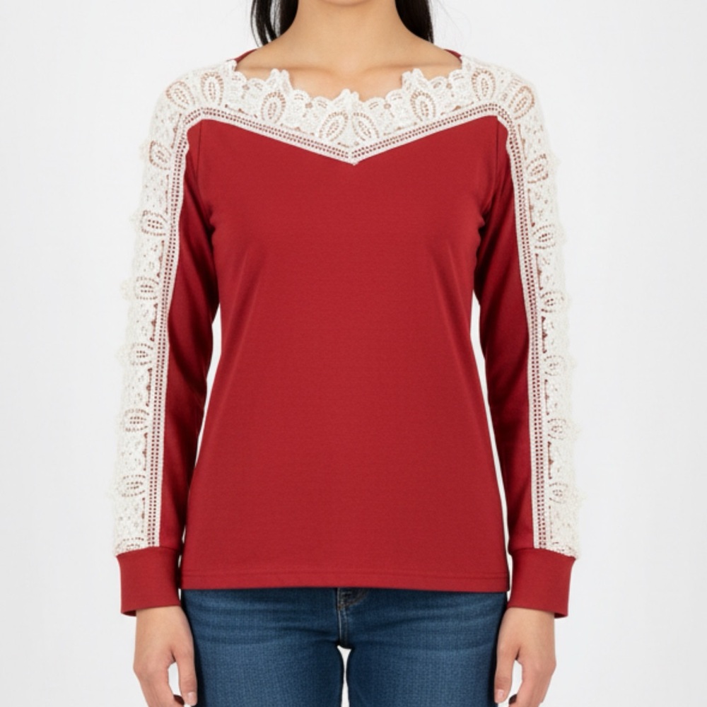 314 - Red Long Sleeve Top With white Lace Sleeves - Size S - 100% cotton